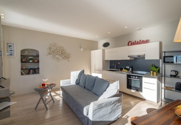 The open-plan space including the living room with a double sofa bed, the wall-mounted kitchen, and the dining table – Aurora