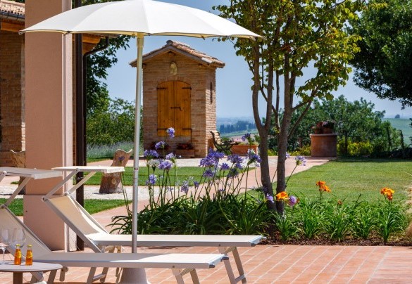 Solarium area with sunbeds and umbrellas – Ca’ Pellicciano