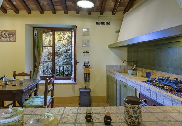 Kitchen with green wooden finishes and retro-style fridge - Ca Seppe