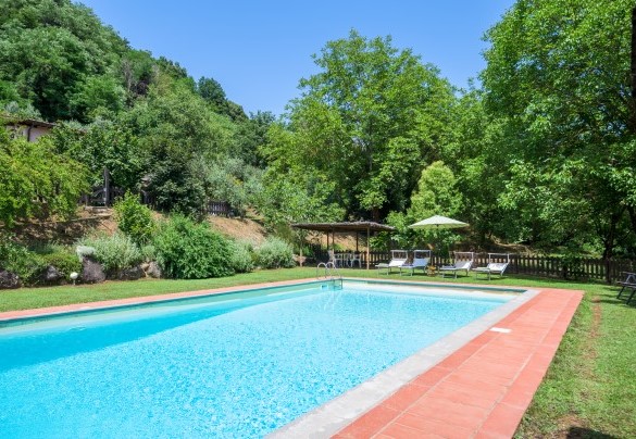 La zona piscina è disposta su un livello inferiore rispetto al casale da cui dista circa 20 m ed è raggiungibile attraverso una rampa lastricata che parte dalla pergola di fronte - Casa al fiume