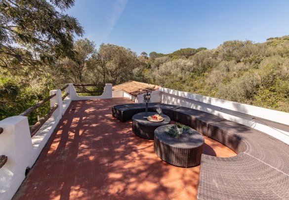 Terrazza sul tetto arredata con divanetti, una finestra naturale sul verde circostante – Casa Valentina