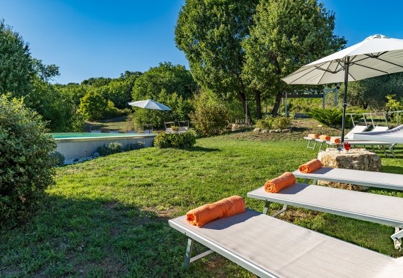 The solarium equipped with sunbeds, gazebo, sofa, armchairs and umbrellas - Casale delle Farfalle
