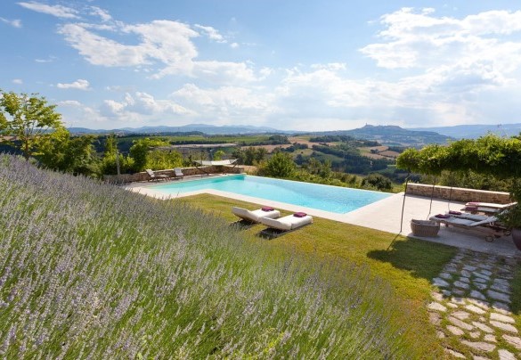 La scalinata, circondata di lavande, che porta dalla casa alla zona piscina - Casale delle Lavande 