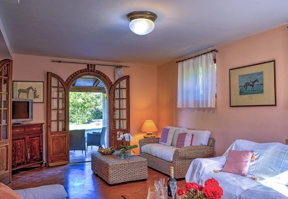 Living room with ornamental fireplace, sat Tv and direct access to the porch – Casale Le Conce 