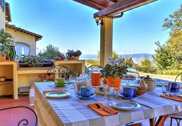 The porch shades the table prepared for outdoor breakfast – Casale Le Conce 