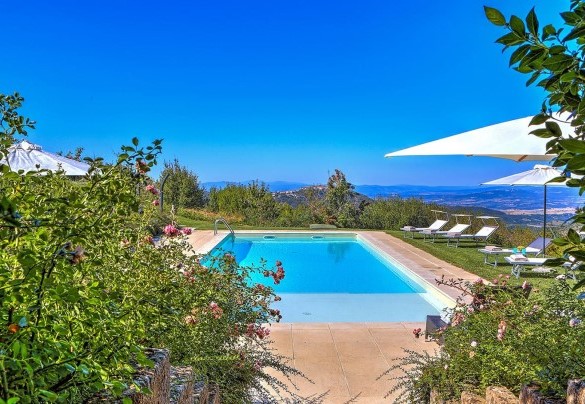 The pool immersed in the green garden with the equipped sunbath area – Casale Le Conce 