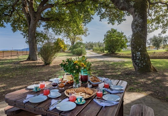 The outdoor dining area with table and benches - Casale Le Tre Querce