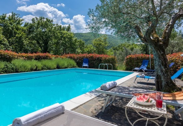 The sunbathing area, stone-paved, has sunbeds, deckchairs,umbrella and pergola - Casale Mollina  