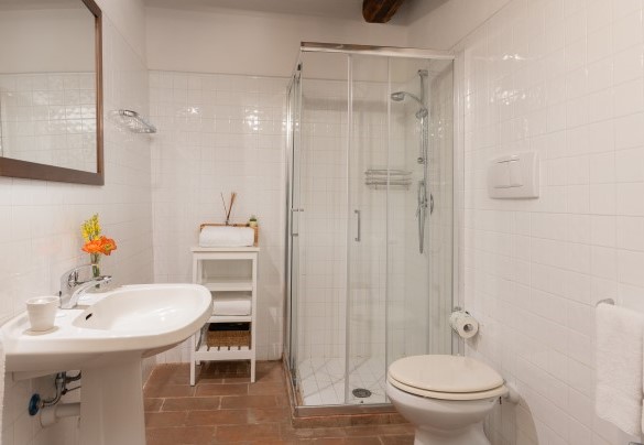 En suite bathroom with shower (reached up six steps) on the ground floor double bedroom with divisible bed – Crognole 