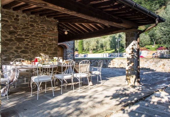 The porch shades the table prepared for outdoor breakfast – Dimora La Torre di Bussotto 