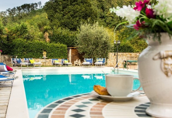 La piscina immersa nel verde del parco, con solarium attrezzato – Dimora La Torre di Bussotto 