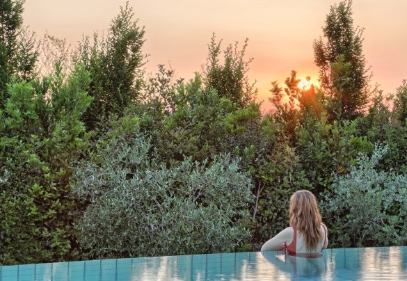 Tante alberature quali querce, cerro e magnolie incorniciano l’area piscina – Dimora San Jacopo
