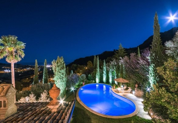 Graziosa piscina a forma di fagiolo illuminata di notte circondata dal verde - Fontespina 6