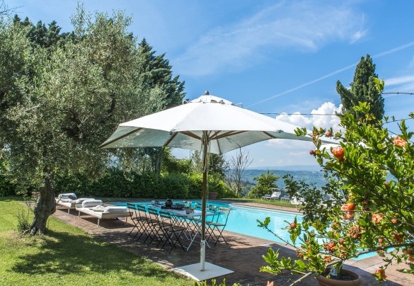 Un ulivo ombreggia il tavolo a bordo piscina - I Piantoni