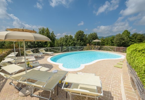 Dalla piscina, che guarda a sud ed è situata ad un livello inferiore rispetto alla casa, si può ammirare il suggestivo panorama del paesaggio boschivo della Montagnola senese – L’Ovile