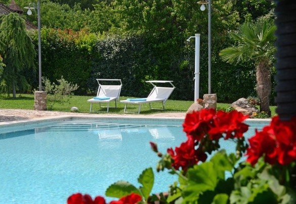 Comfortable sunbeds and outdoor shower furnish the lawn sunbathing area around the pool - La Capanna di Franca 6+2