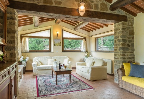 Salotto con camino ornamentale, divani e TV - La Torretta 