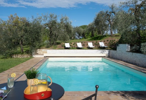 I giardini intorno alla piscina sono una mescolanza di ulivi, fichi, prato e fiori – La villa nell’isola verde
