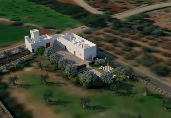 Immagine aerea della proprietà con vista sulla piscina e gli spazi circostanti (rendering) – Masseria Profilo
