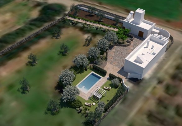 Ampio solarium con gazebo e lettini per il massimo del relax (rendering) – Masseria Profilo