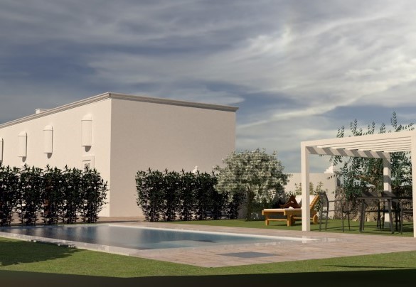 Illuminazione interna ed esterna, doccia con acqua fredda (rendering) – Masseria Profilo