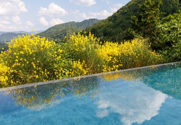 La piscina a sfioro incastonata nel verde si affaccia su un panorama mozzafiato - Pieve del Borgo