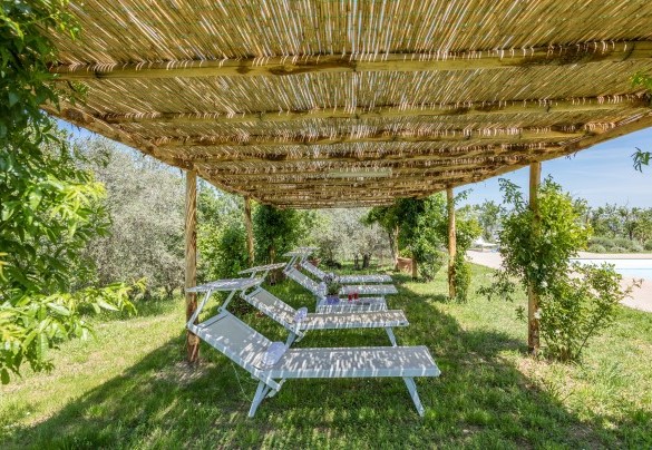 Il gazebo a bordo piscina ombreggia un'area relax - Podere Pratovecchio