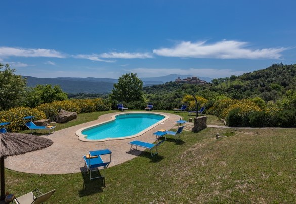 La piscina ha una forma irregolare (a fagiolo) e gradoni sommersi per l’accesso – Podere San Ansano