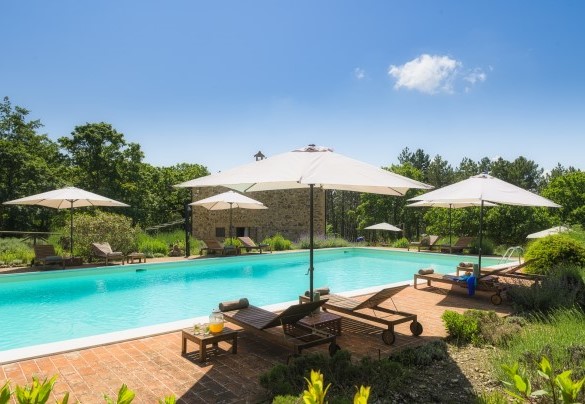 Surrounding the pool is the paved sunbathing area with sunbeds and umbrellas – Podere Santa Croce