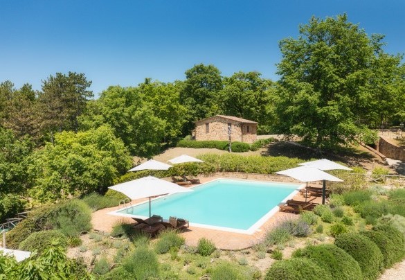 The swimming pool on terracing paved with terracotta and partially enclosed by hedges of laurel, oleander, rosemary, helichrysum and lavender – Podere Santa Croce