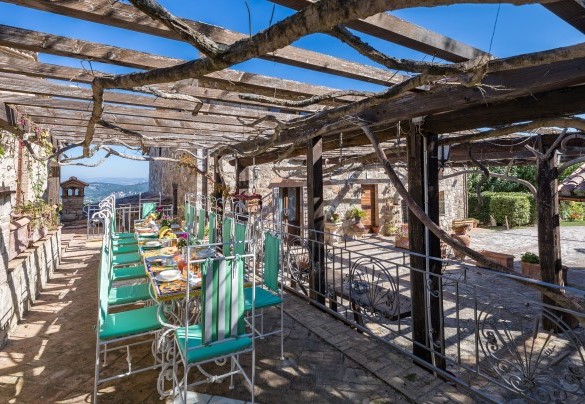 The outdoor dining area under the pergola, set up with tables and chairs - Residenza Collefiorito