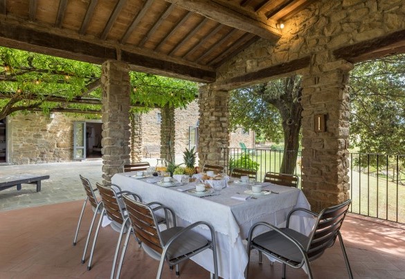 La zona pranzo esterna sotto il porticato, allestito con tavolo e sedie - Tenuta Sagherina 