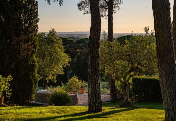 The garden features alternating lawn areas and stone-paved spaces, dotted with trees - Tenuta Sagherina
