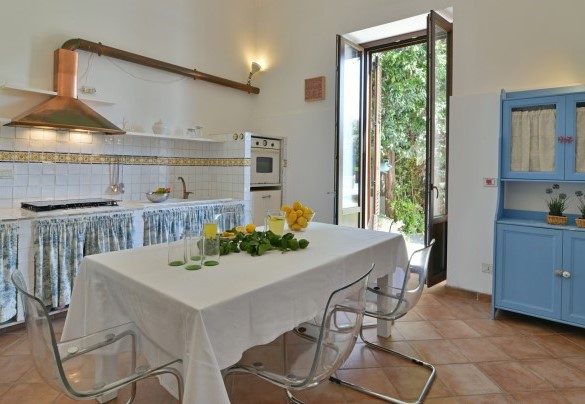La cucina in muratura come ai vecchi tempi, gode di un comodo accesso sul giardino con zona pranzo esterna - Villa Afrodite 