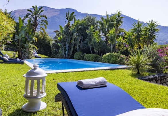 Swimming pool and solarium surrounded by the garden of palm trees, cycas, aloes and typical Mediterranean plants – Villa Bambù