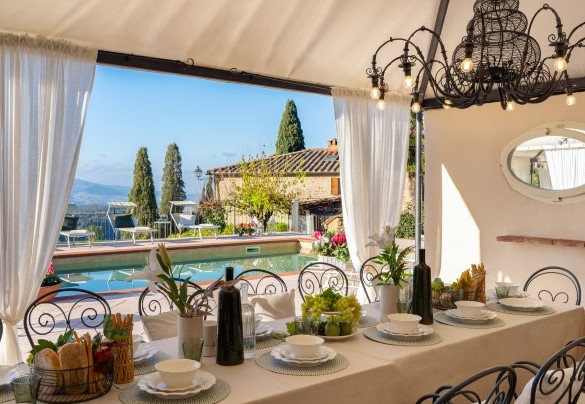 La zona pranzo riparata dai gazebo a bordo piscina - Villa Beltramonto