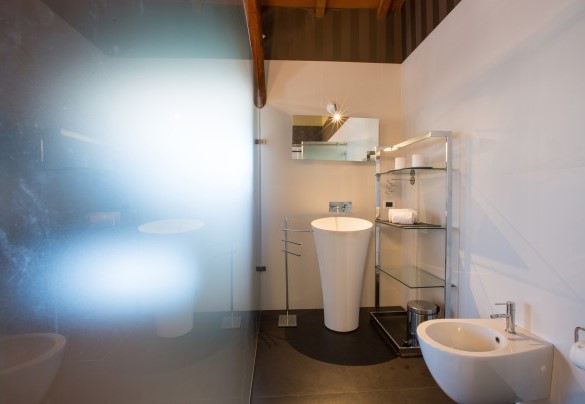 Unique and elegant en-suite bathroom brown with glass walls with double shower. Villa Capozza