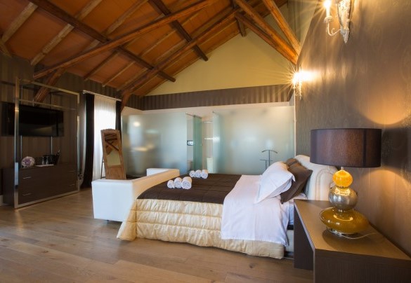 Brown Suite on the upper floor, with a more modern soul, characterized by glass walls equipped with en suite bathroom with double shower and private terrace. Villa Capozza