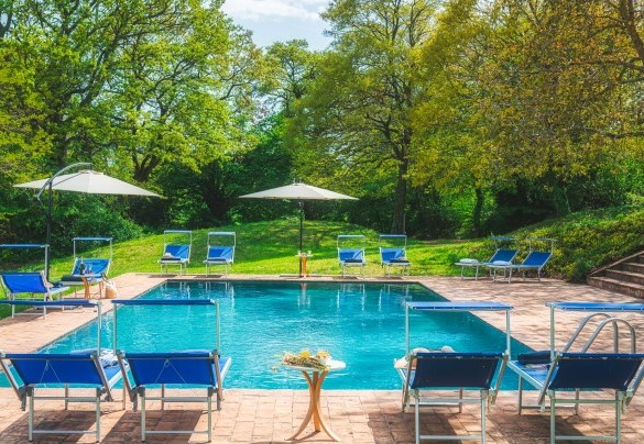 The pool is reached down eleven steps in terracotta from the pergola and from the open-plan living area - Villa Carmeli