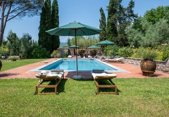 The solarium in terracotta and lawn with sun beds and umbrellas - Villa Collegigliato