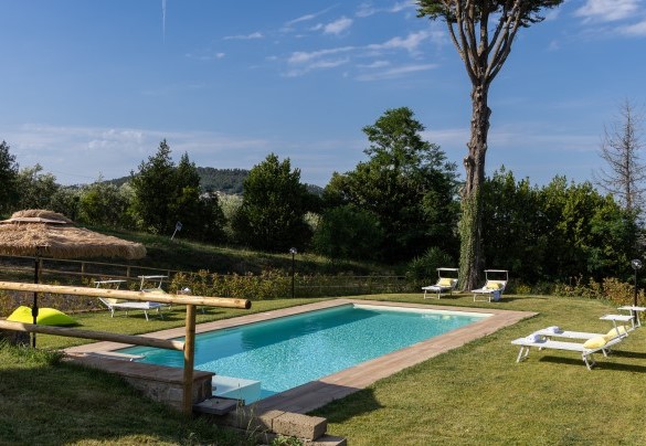 La zona piscina si trova in una parte di giardino posto tra il piano terra e il piano seminterrato della proprietà - Villa Dada