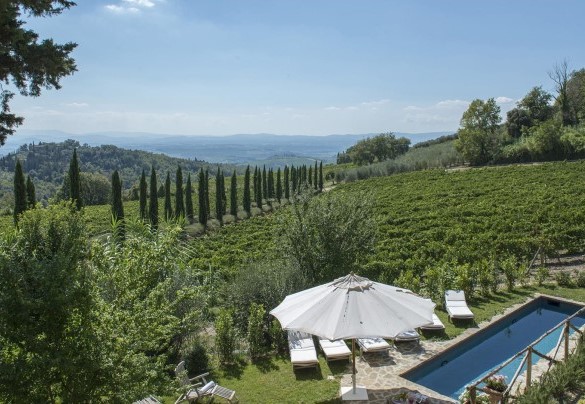 The panoramic pool in the vineyard and the Tuscan hills in the background – Villa Delle Upupe 