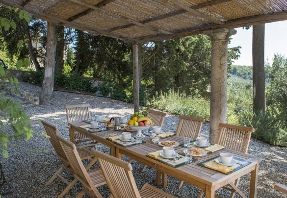 The pergola shades the table set for outdoor breakfast – Villa Delle Upupe 