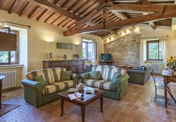 The large living area furnished with sofas, TV and fireplace - Villa Il Baiocco