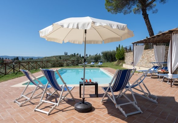 L’area prendisole, lastricata in parte in cotto e in parte ricoperta da manto erboso, è attrezzata con lettini, sdraio, ombrellone, un gazebo e una doccia con acqua fredda – Villa Il Pino