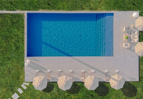Aerial view of the property with a glimpse of the pool – Villa Iole