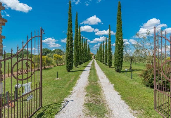 Il cancello e il viale d’ingresso bordato dai cipressi – Villa Le Chiarne 