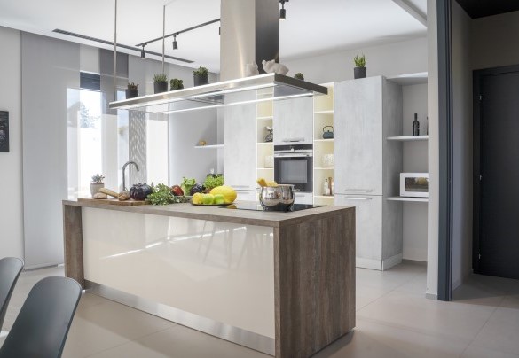 The kitchen in the open-plan living area connected by French windows to the pool area - Villa Maria Paradiso