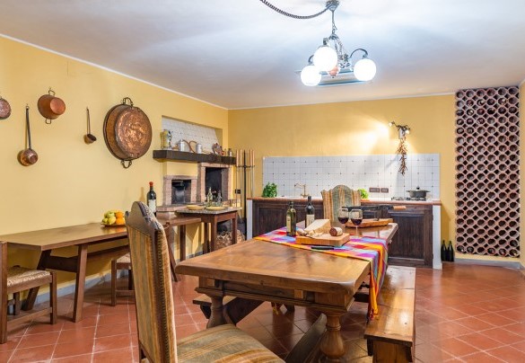 Rustica cucina in muratura con forno a legna e barbecue, con zona pranzo e salotto con tv satellitare nel seminterrato – Villa Monica