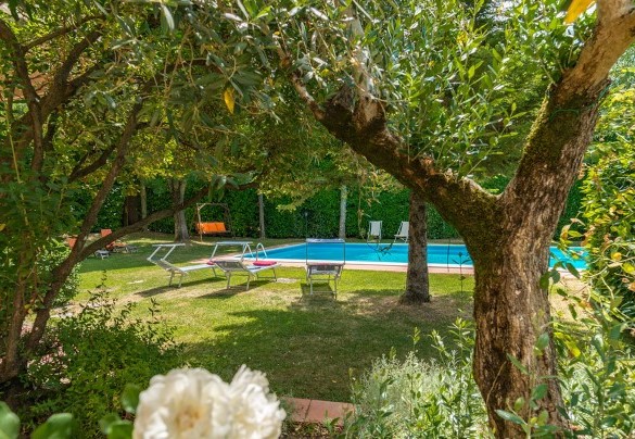 L’assolata piscina troneggia nel bel giardino davanti alla villa – Villa Monica